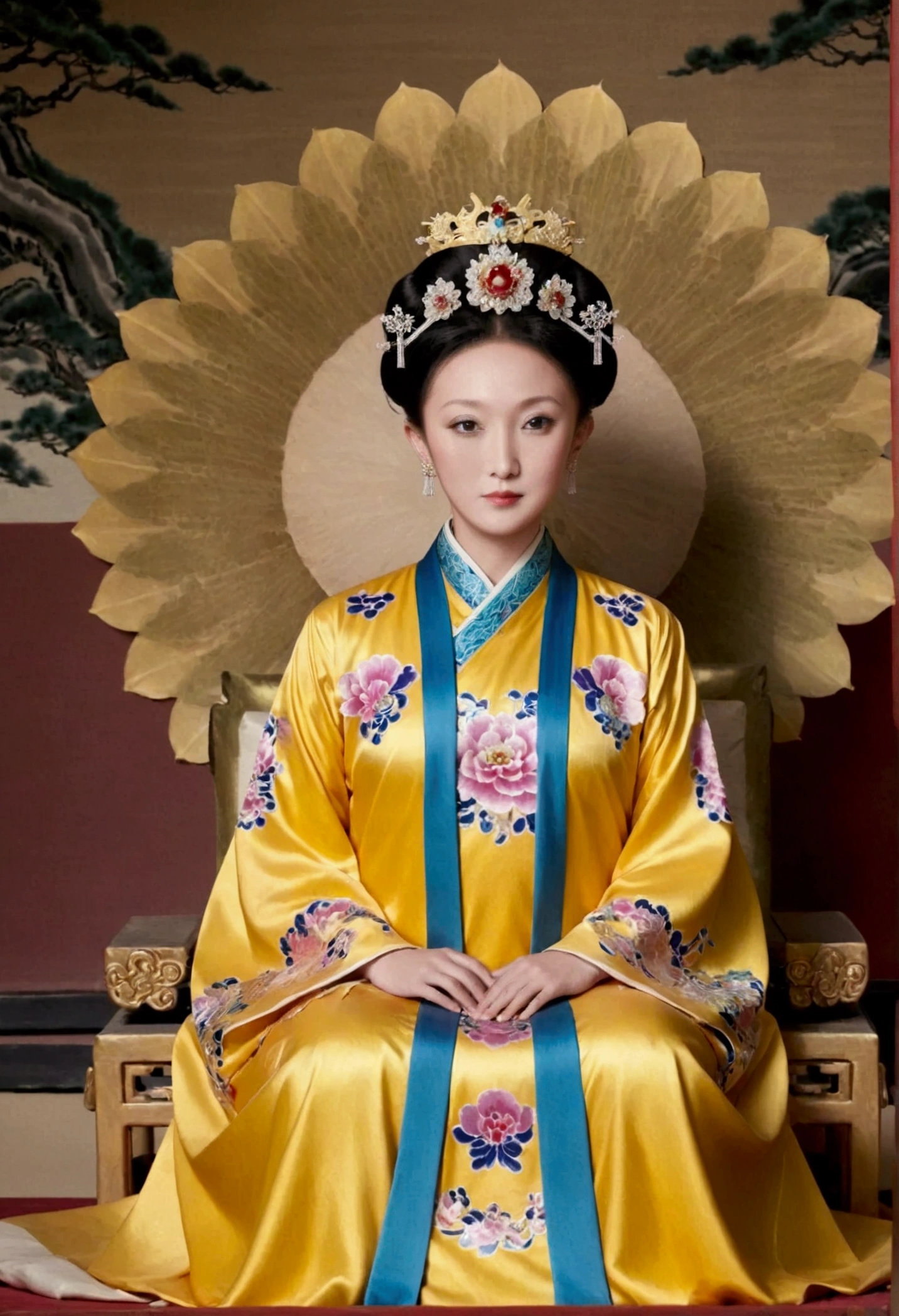 From the pre-Qing period, The Empress sits ????? on a large golden sofa in the palace, Her legs were spread, At the Chinese court during the Qing Dynasty, Empress of the Qing Dynasty, Wearing the great crown of the Chinese Empress, Belly and thighs visible from below.。She is completely ?????, Showing off gorgeous large flowers and hairpins, She tied her hair up and pulled it up, 背景はEmpress of the Qing Dynastyの豪華な宮殿.