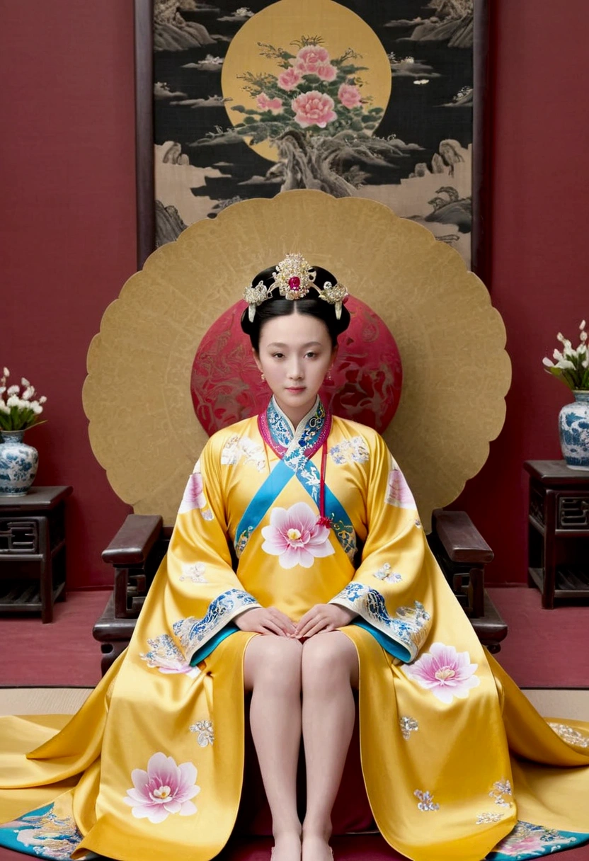 From the pre-Qing period, The Empress sits naked on a large golden sofa in the palace,  Her legs were spread, At the Chinese court during the Qing Dynasty, Empress of the Qing Dynasty, Wearing the great crown of the Chinese Empress, Belly and thighs visible from below.。She is completely naked, Showing off gorgeous large flowers and hairpins, She tied her hair up and pulled it up, 背景はEmpress of the Qing Dynastyの豪華な宮殿.
