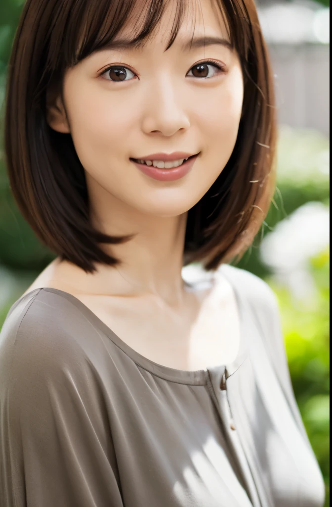 Portrait, 8k, high quality, realistic photo images, 29-year-old, japanese woman, neat wife, housewife, Reproduces natural and realistic eyes, japanese stand, beautiful black hair, short hair, light makeup, octane rendering, beautiful lighting, composition of golden ratio, laughter, everyday wear, casual clothes, natural background, blurred background, High level image quality, Pure Japanese humanity, beautiful wife, Upper body, light makeup, No makeup, pure beauty, plain clothes, grey, beige, green, Plain color, casual clothes, slight smile, small black eyes, background bokeh