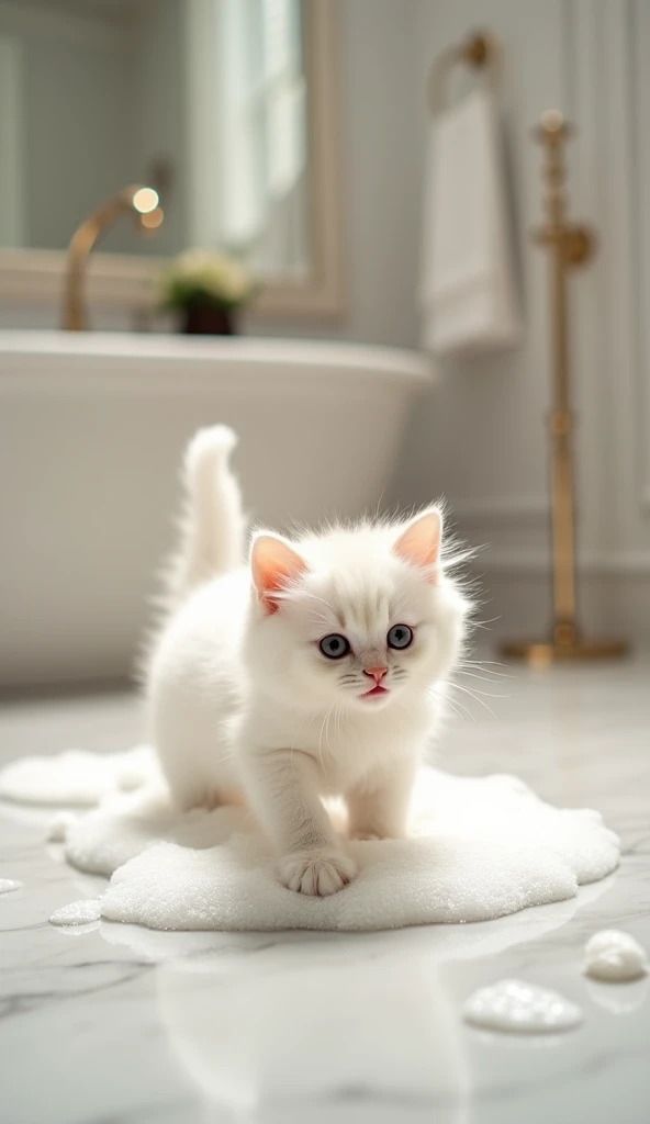 A cute white cat, Big bright eyes, Fluffy, Delicate and exquisite, Real Kitten,Play with real white foam in the bathroom,Pure white high-end bathroom background