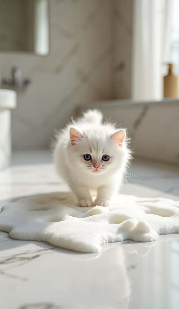 A cute white cat, Big bright eyes, Fluffy, Delicate and exquisite, Real Kitten,Play with real white foam in the bathroom,Pure white high-end bathroom background
