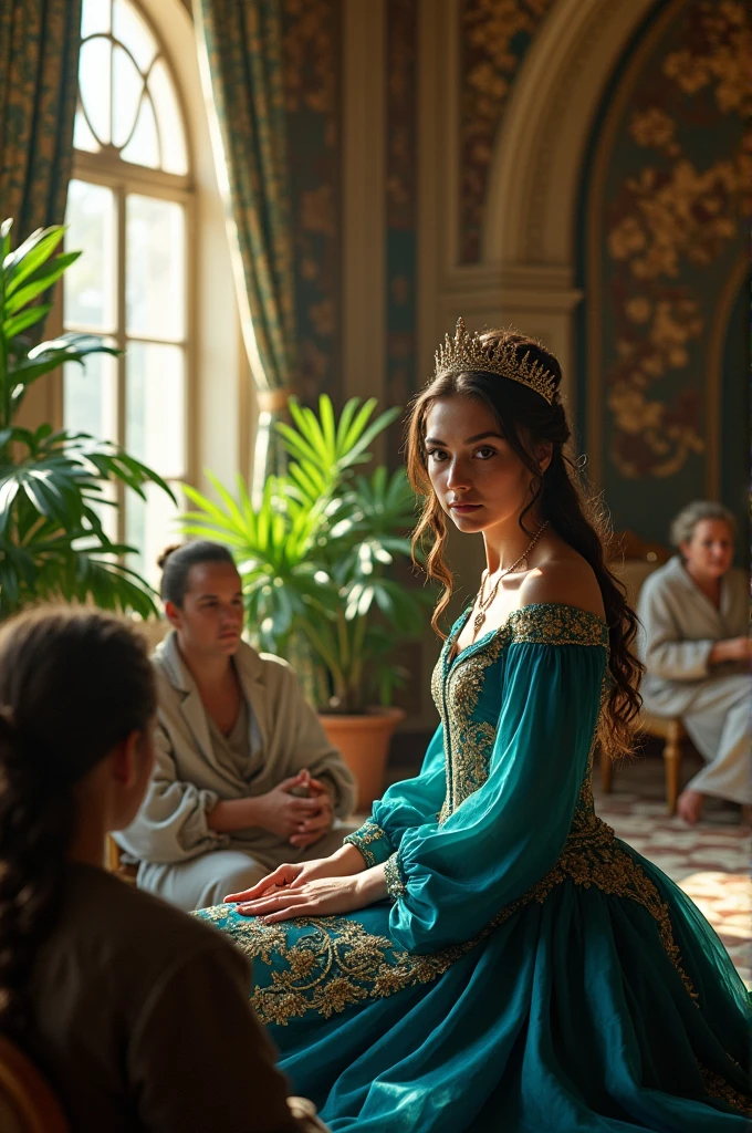 Princess with green eyes in royal looks conversating with sick people 