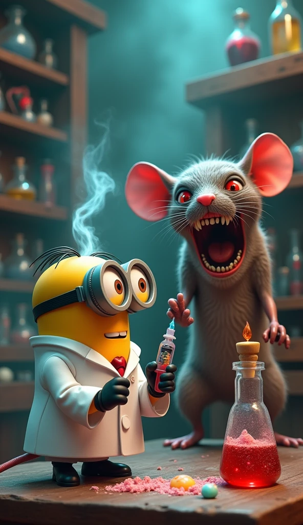 Minion is wearing a scientist suit doing research Minion injects chemicals into a mouse ,The mouse turned into a bloodthirsty monster with big fangs. The giant mouse bit Minion.