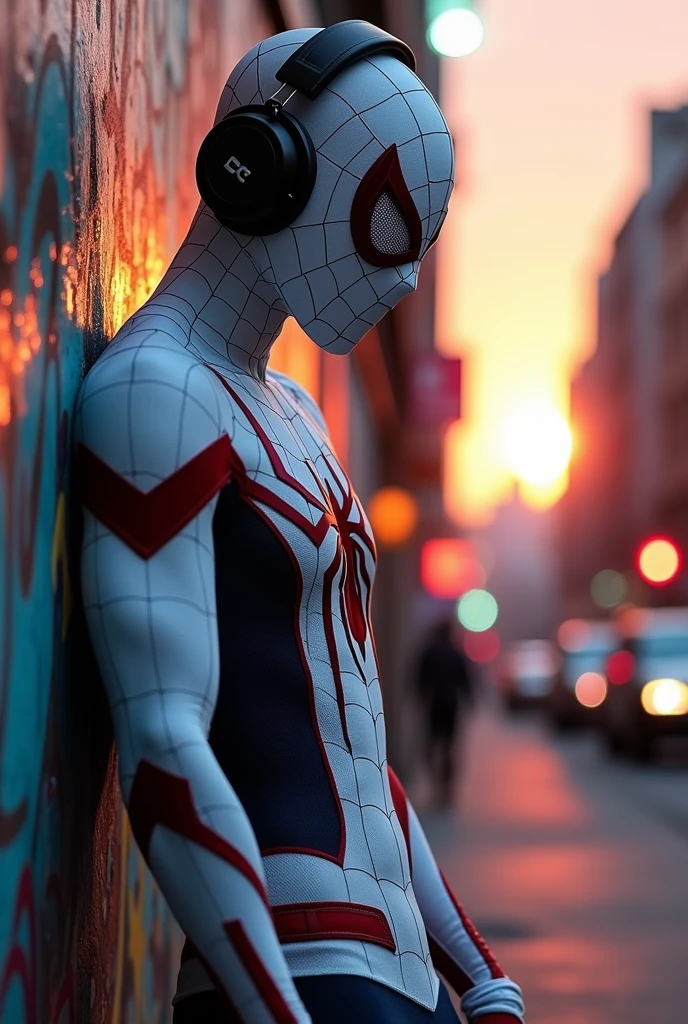 spider man, WHITE, listens to music with headphones