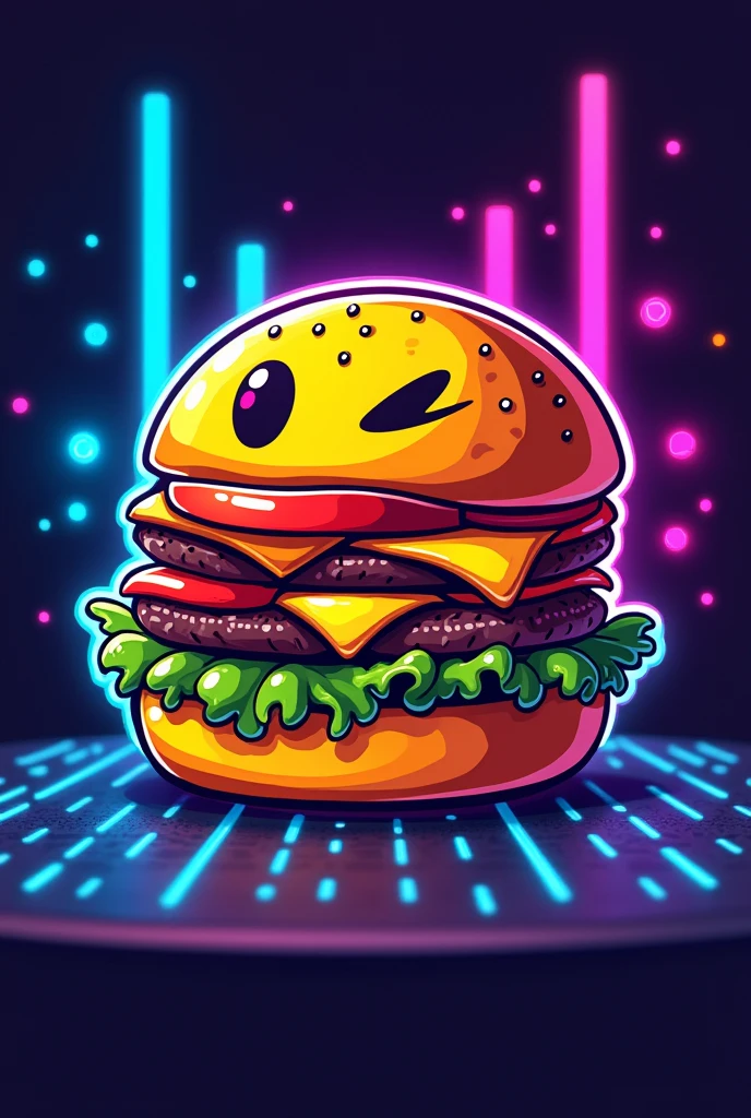 Logo of a hamburger in the shape of Pac Man with a vintage retro 80s style
