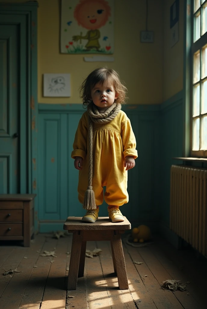 Draw a child standing on a wooden stool, and having a rope around his neck