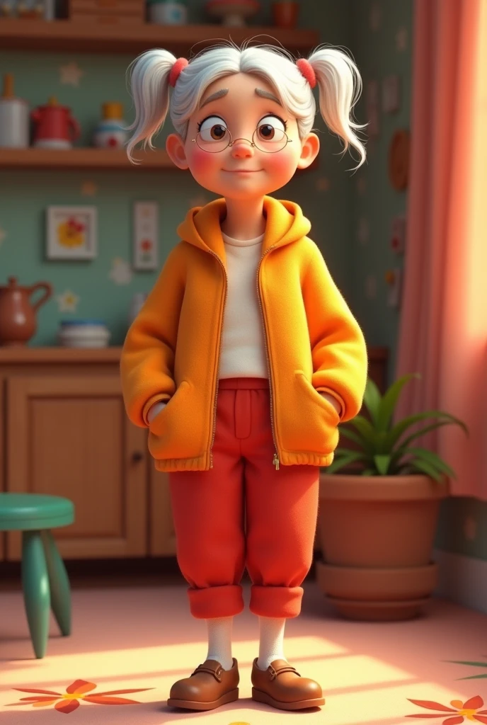 Animated cartoon character Grandma that is standing with sad face whole body with feet 2 pony tail hairstyle wearing only orange jacket and red pants white sock brown shoes
