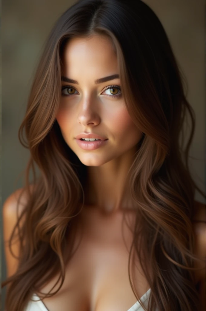 visage d'une belle femme réaliste, brune, yeux noisette, trait fin du visage avec des cheveux long brun