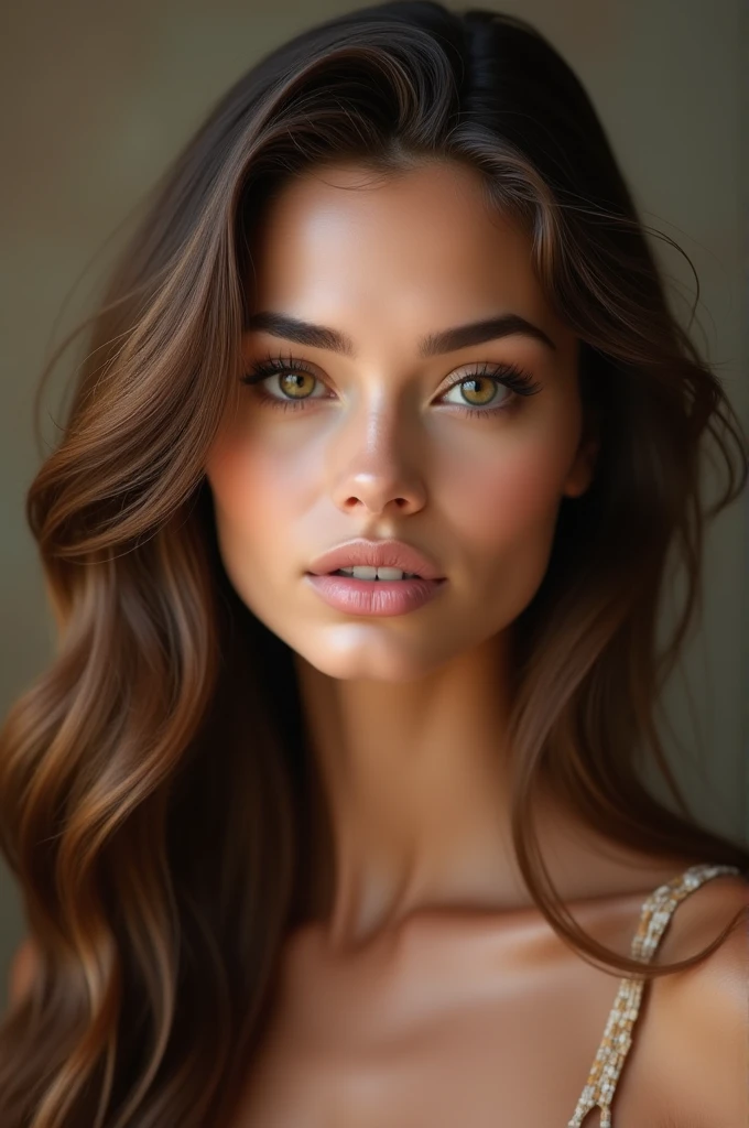 visage d'une belle femme réaliste, brune, yeux noisette, trait fin du visage avec des cheveux long brun