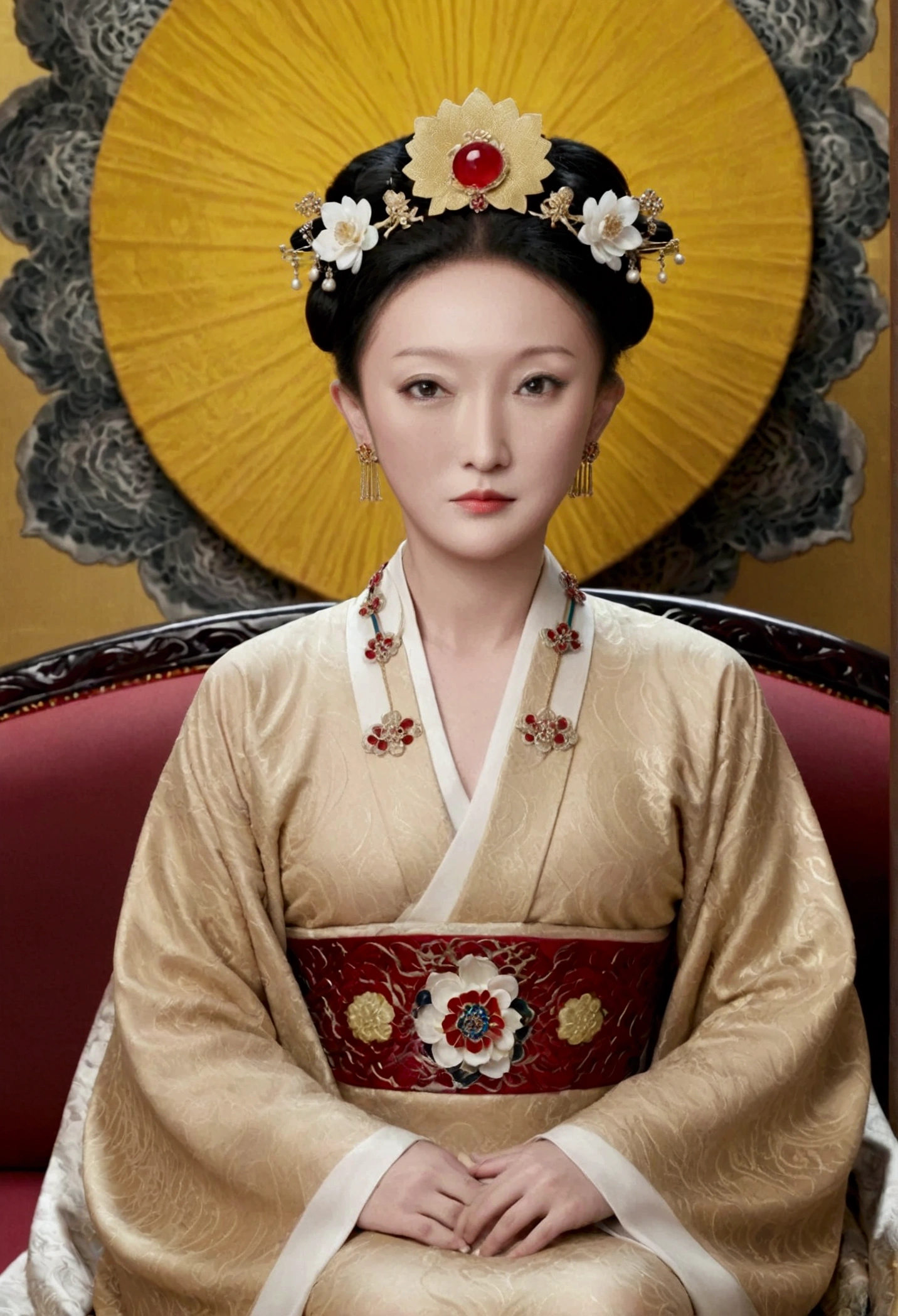 From the pre-Qing period, The Empress sits naked on a large golden sofa in the palace, Her legs were spread, At the Chinese court during the Qing Dynasty, Empress of the Qing Dynasty, Wearing the great crown of the Chinese Empress, Belly and thighs visible from below.。She is completely naked, Showing off gorgeous large flowers and hairpins, She tied her hair up and pulled it up, 背景はEmpress of the Qing Dynastyの豪華な宮殿.