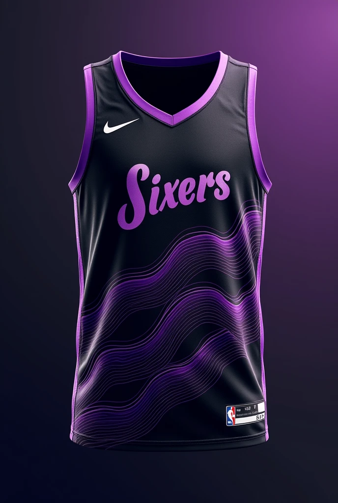 create a basketball jersey design for men with these details please:

team name: sixers
colors: black and purple
looks: waves design but make it aesthetically pleasing 
font style: modern text
logos: no logo is fine
front part of the jersey only 