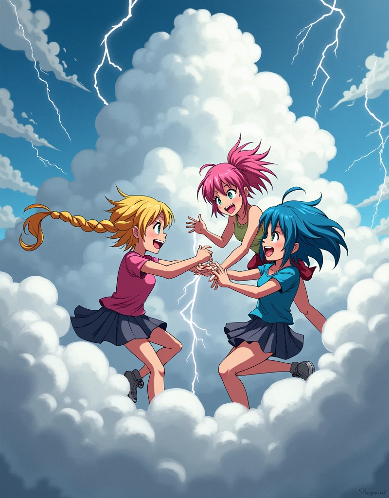 In a comical grey fighting cloud、Anime-style illustration of three girls playfully fighting (Thundercloud).
Each of their hair colors is different: Braiding blonde hair,Pink ponytail girl,The guy with the blue bobcut.
Their faces,hand,Feet coming out of the clouds、You can see them fighting humorously, The rest of their bodies are completely hidden in the clouds.
This illustration emphasizes the humorous and energetic nature of their brawl。,Fluffy and exaggerated battle clouds.