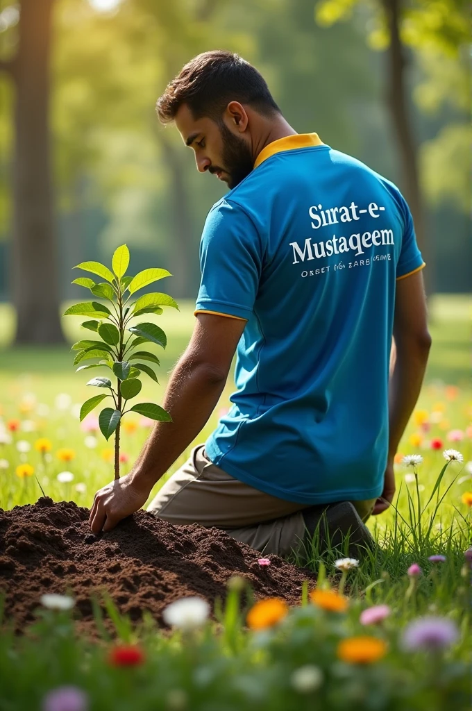 A man wearing a blue T shirt and yellow collar the Sirat-e-Mustaqeem name is written on the back of the shirt and planting tree