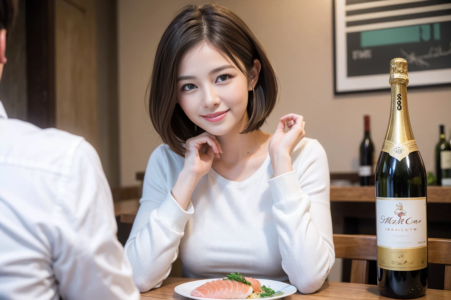 ((Highest quality、8k、masterpiece:1.3))、slimカップル、modelカップル、(Realistic, Intricate details:1.2), sashimi、Tempura、Japanese sake、Shochu 、Amazing view of the sunset sky and clouds、A bright smile、The wonderfulness of smile、Bright image、The beauty of wine, Beautiful Face, blue eyes, The light shines on your face, blush, short hair,Bright Face、 (Age 37), 39 years old, sparkling wine、Two beauties、Brown Hair、Shortcuts、Long sleeve shirt、dress、Beautiful woman 1, (slimな顔), (The body is slim), (Brown Hair), (Shortcuts), cheeks turn a little red,Attractive beauty、restaurant, In a prominent place (From the waist up) Nova Frog Style, actress, model, Upper Body, White wine, slim, smile, (smile: 1.15), Beautiful fine grain, Depth f/2,saturation, High Contrast, Strong light and shadow,Moist Body:1.5、3D texture、Delicate eyes、Brown Hair、The hair is very shiny、