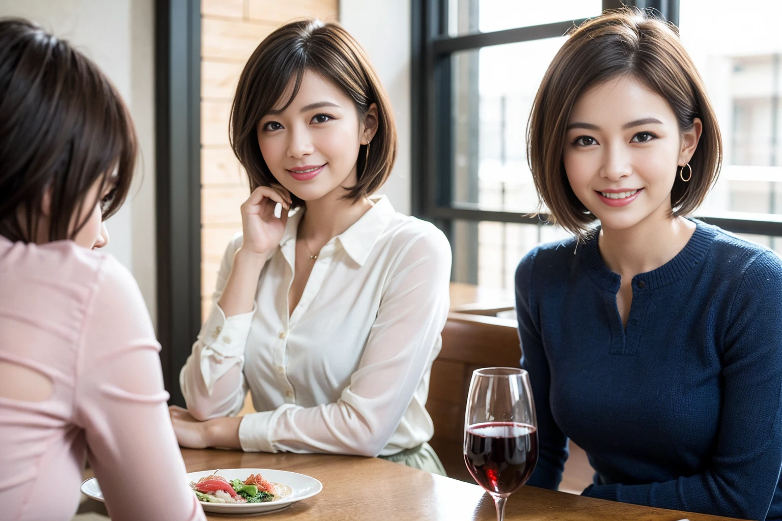 ((Highest quality、8k、masterpiece:1.3))、slimカップル、modelカップル、(Realistic, Intricate details:1.2), sashimi、Tempura、Japanese sake、Shochu 、Amazing view of the sunset sky and clouds、A bright smile、The wonderfulness of smile、Bright image、The beauty of wine, Beautiful Face, blue eyes, The light shines on your face, blush, short hair,Bright Face、 (Age 37), 39 years old, sparkling wine、Two beauties、Brown Hair、Shortcuts、Long sleeve shirt、dress、Beautiful woman 1, (slimな顔), (The body is slim), (Brown Hair), (Shortcuts), cheeks turn a little red,Attractive beauty、restaurant, In a prominent place (From the waist up) Nova Frog Style, actress, model, Upper Body, White wine, slim, smile, (smile: 1.15), Beautiful fine grain, Depth f/2,saturation, High Contrast, Strong light and shadow,Moist Body:1.5、3D texture、Delicate eyes、Brown Hair、The hair is very shiny、