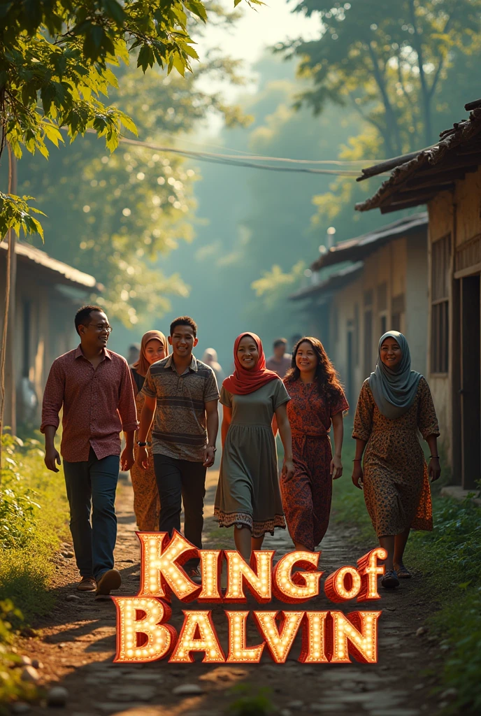 the title of the film is written aesthetically "king of balvin" with the correct spelling on the front, togetherness, very high quality photo, a happy scene, a man from Indonesia, 3 men from Indonesia, 3 women wearing hijabs and 1 woman with long hair wearing a hoodie, walking around chatting in the corner of the village, full body, realistic, cool and complicated visual effects, looks real and perfect, UHD 64K, very sweet