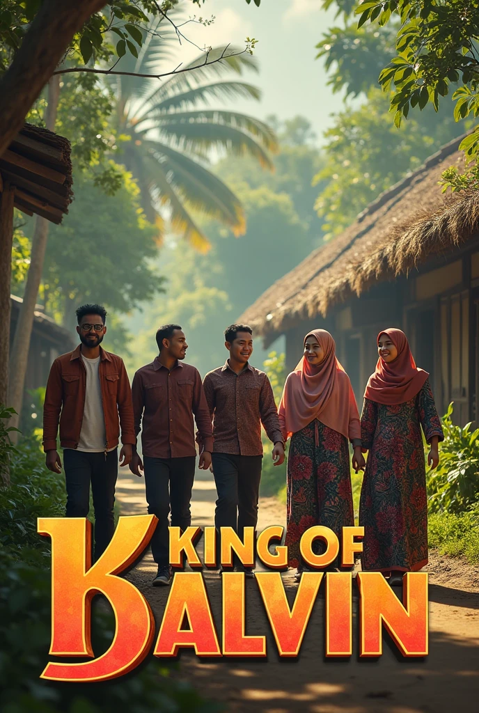 the title of the film is written aesthetically "king of balvin" with the correct spelling on the front, togetherness, very high quality photo, a happy scene, a man from Indonesia, 3 men from Indonesia, 3 women wearing hijabs and 1 woman with long hair wearing a hoodie, walking around chatting in the corner of the village, full body, realistic, cool and complicated visual effects, looks real and perfect, UHD 64K, very sweet