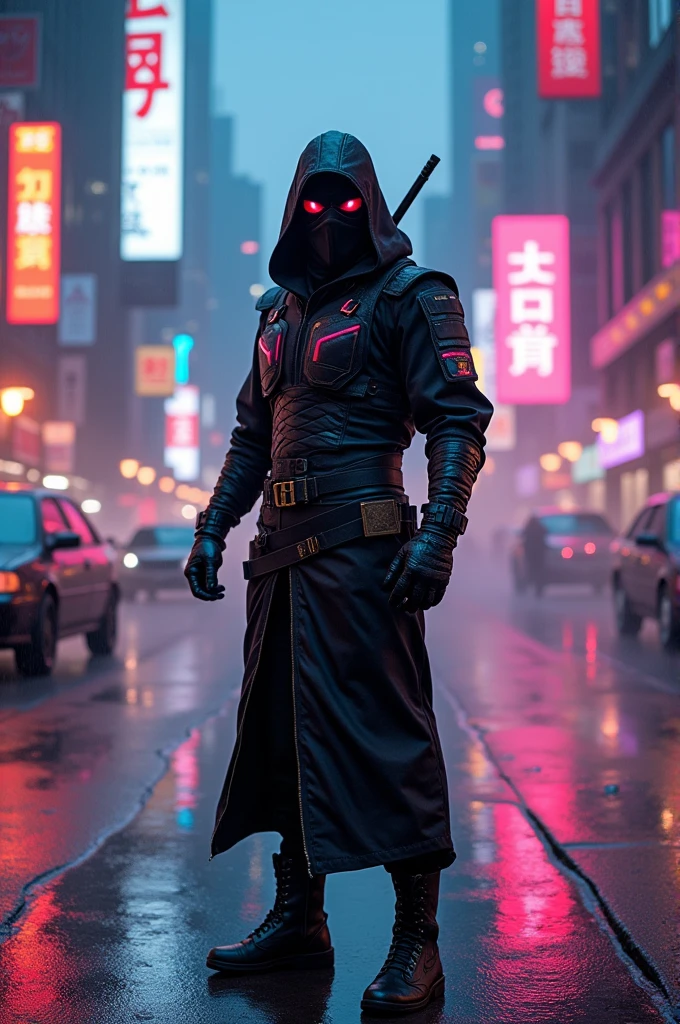 Black suited ninja with cyberpunk theme background, with neon lights, wet floor