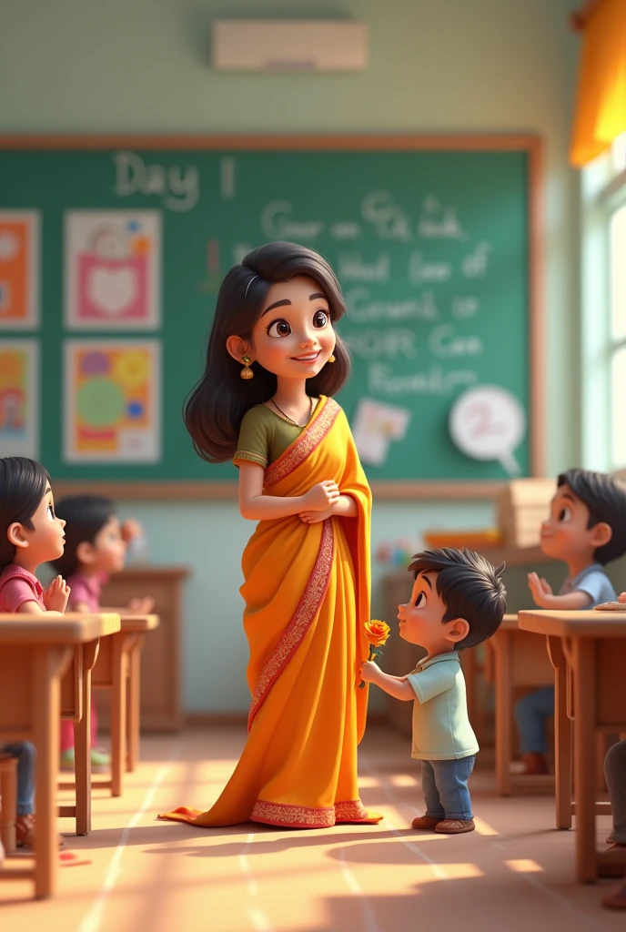 Private school cute teacher ai 3d cartoon type with saree boy propise rose class image