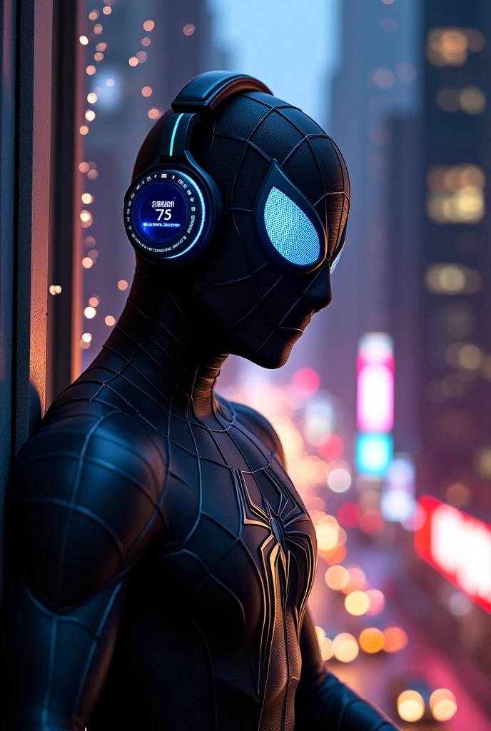spider man, black, listens to music with headphones