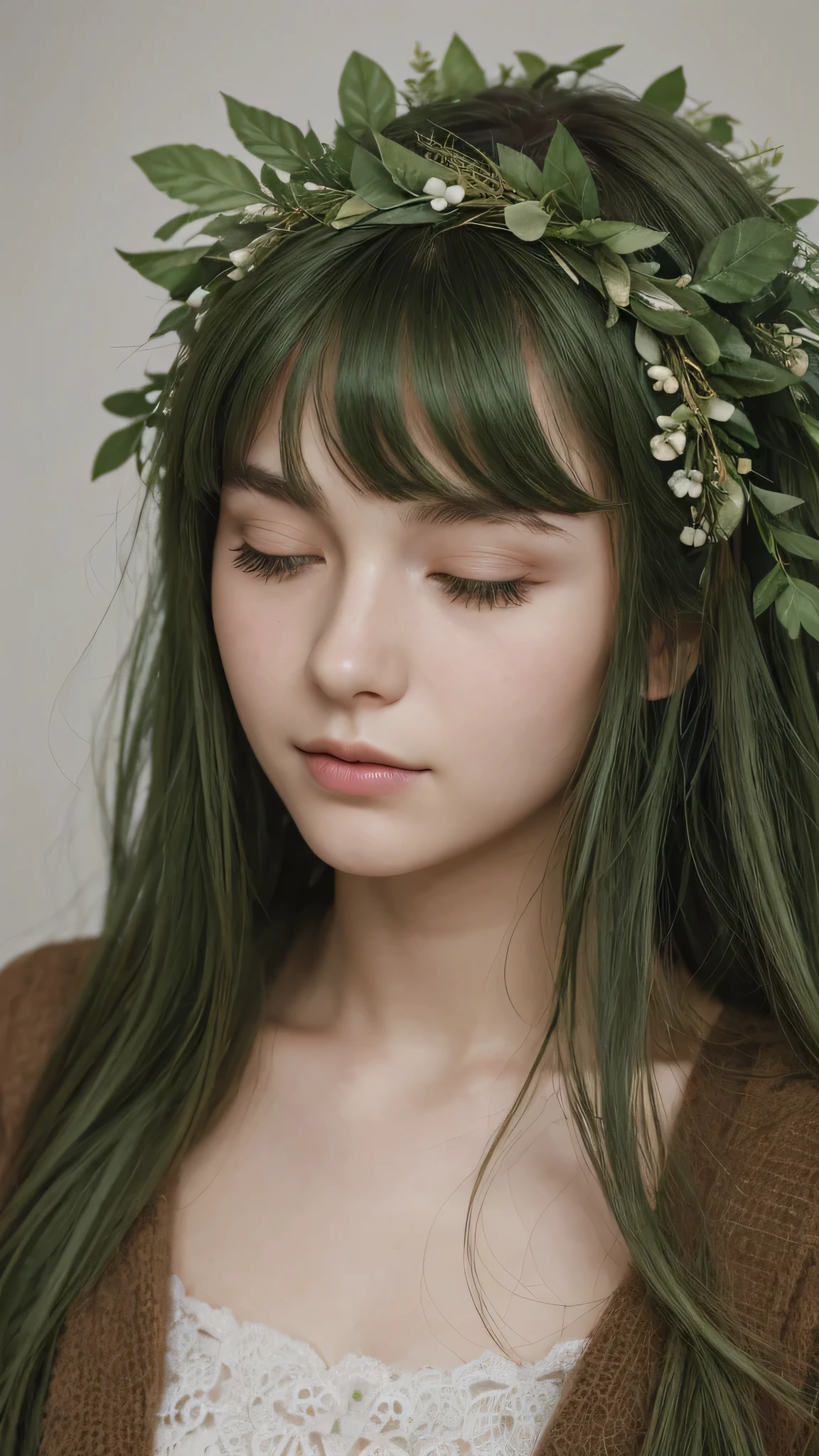 face portrait. a girl. european. extremely detailed face. oval face. delicate features. half-closed eyes. green eyes. long messy hairstyle. green hair. wreath on head
