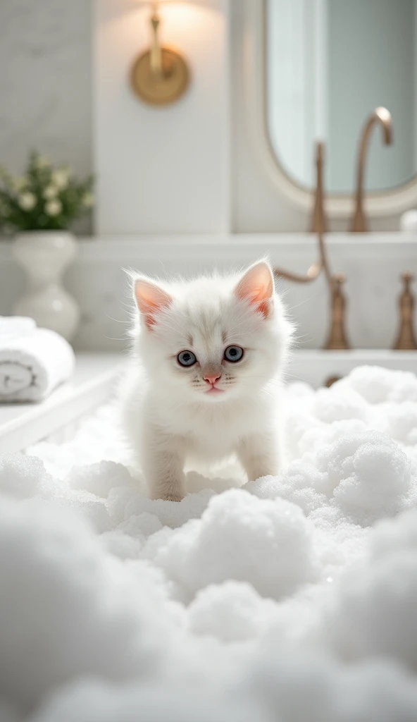 A cute white cat, Big bright eyes, Fluffy, Delicate and exquisite, Real Kitten，Play with real white foam in the bathroom，Pure white high-end bathroom background