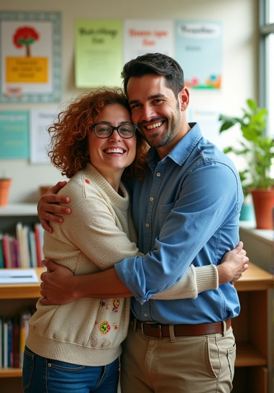 Two teachers hug each other