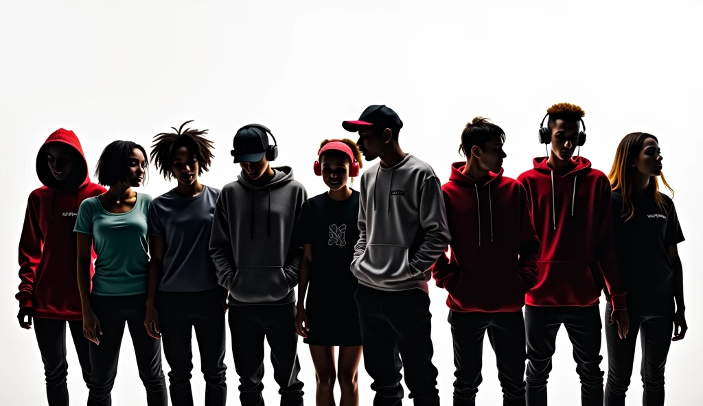 silhouette of a group of people against a white background wearing hoodies, t-shirts, caps and long sleeve t-shirts, funky style, trendy, some are wearing headphones