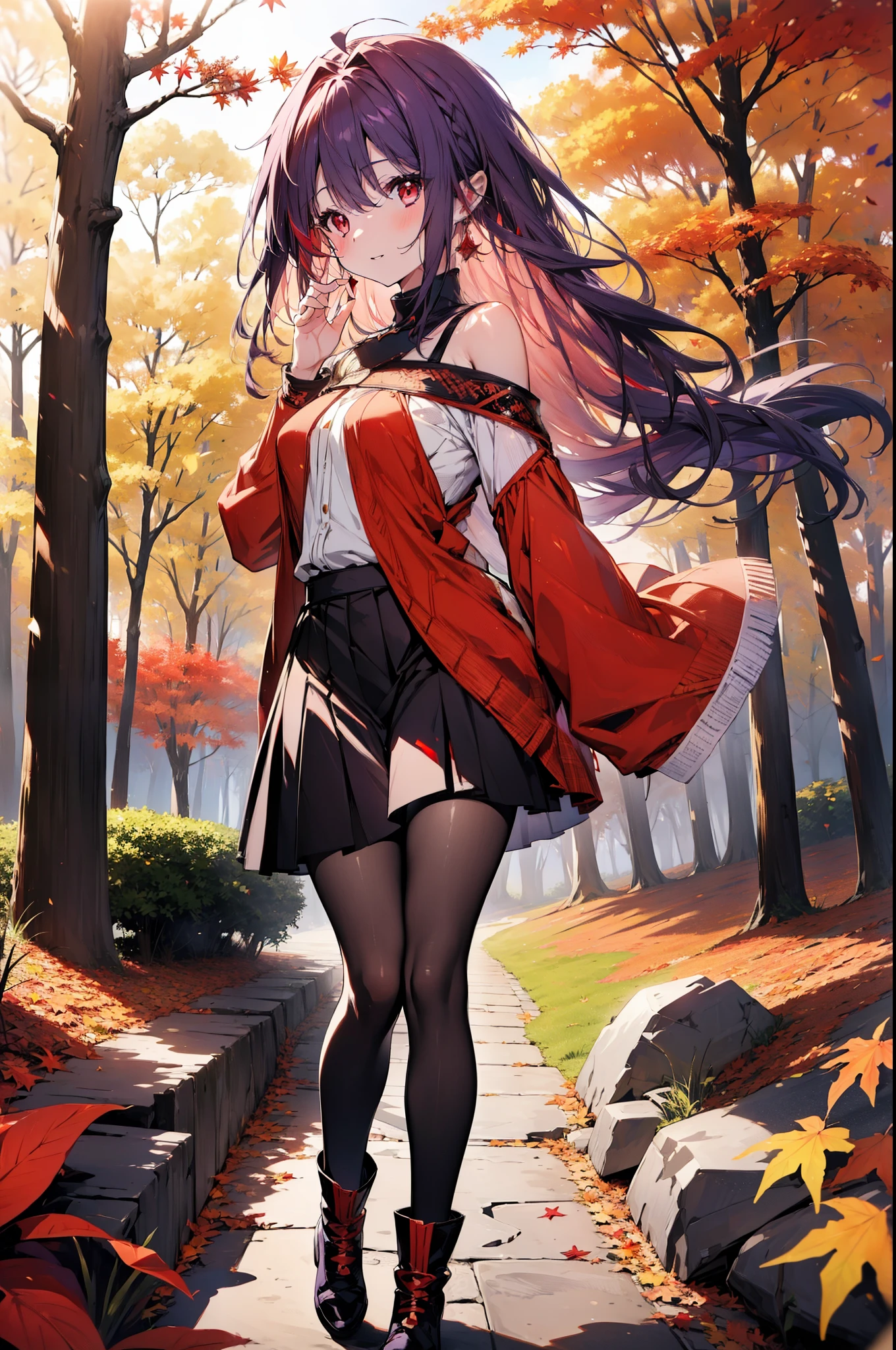 yuukikonno, Yuuki Konno, hair band, Long Hair, Pointed Ears, Purple Hair, Ahoge,(Red eyes:1.5), (Small breasts:1.2), smile,blush,Close your mouth,Purple one-shoulder sweater,mini skirt,Black tights,short boots,Walking,autumn leaves,autumn leaves,scattered,autumn leavesが積もっている,Autumn sky,whole bodyがイラストに入るように,
break looking at viewer, whole body,
break outdoors, garden,forest, nature,
break (masterpiece:1.2), Highest quality, High resolution, unity 8k wallpaper, (figure:0.8), (Beautiful attention to detail:1.6), Highly detailed face, Perfect lighting, Highly detailed CG, (Perfect hands, Perfect Anatomy),