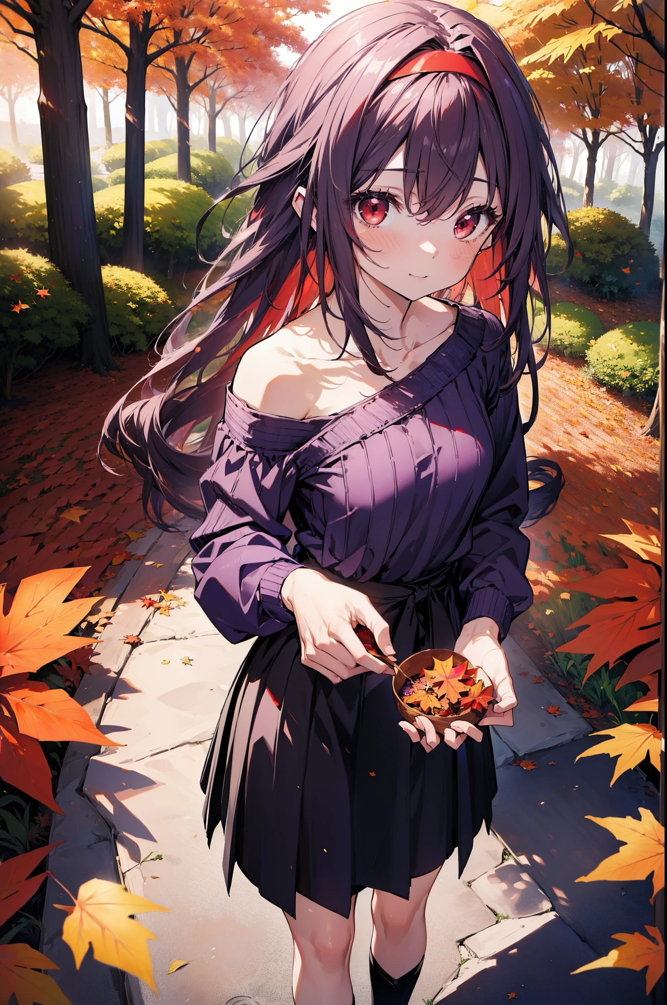 yuukikonno, Yuuki Konno, hair band, Long Hair, Pointed Ears, Purple Hair, Ahoge,(Red eyes:1.5), (Small breasts:1.2), smile,blush,Close your mouth,Purple one-shoulder sweater,mini skirt,Black tights,short boots,Walking,autumn leaves,autumn leaves,scattered,autumn leavesが積もっている,Autumn sky,whole bodyがイラストに入るように,
break looking at viewer, whole body,
break outdoors, garden,forest, nature,
break (masterpiece:1.2), Highest quality, High resolution, unity 8k wallpaper, (figure:0.8), (Beautiful attention to detail:1.6), Highly detailed face, Perfect lighting, Highly detailed CG, (Perfect hands, Perfect Anatomy),