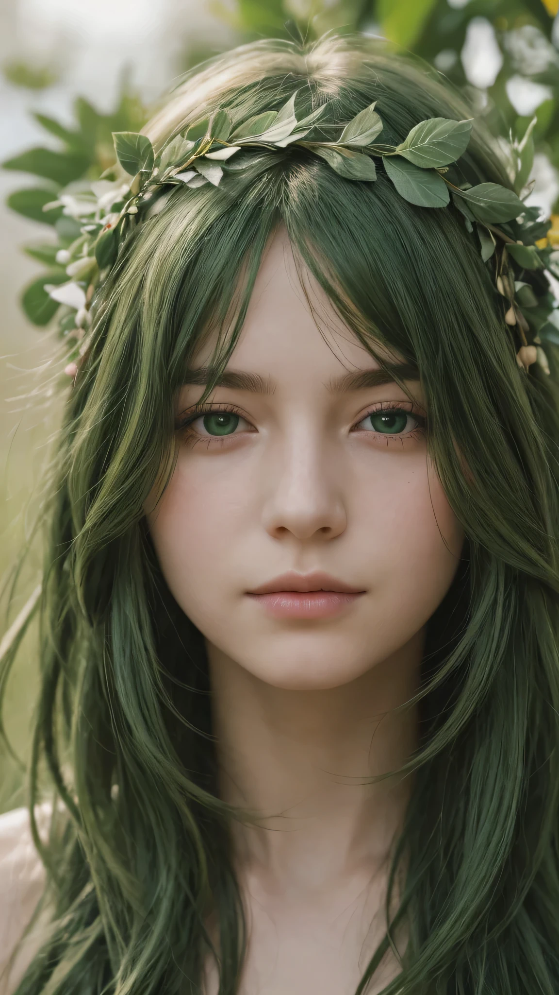 face portrait. a girl. european. extremely detailed face. oval face. delicate features. half-closed eyes. green eyes. long messy hairstyle. green hair. wreath on head