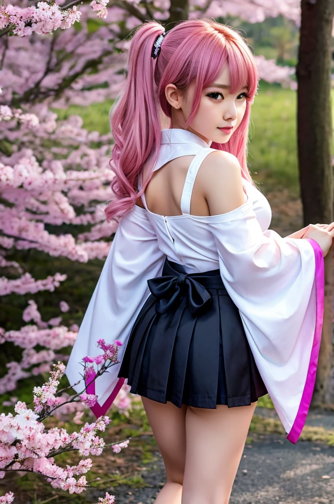 1girl, solo, long hair, breasts, looking at viewer, blush, bangs, skirt, bare shoulders, medium breasts, closed mouth, underwear, green eyes, standing, tail, full body, pink hair, ahoge, outdoors, detached sleeves, japanese clothes, looking back, wide sleeves, kimono, water, from behind, black footwear, bra, blue skirt, sash, obi, cherry blossoms, black bra, hakama, demon tail, hakama skirt, wading, long skirt, white kimono, hip vent, blue hakama