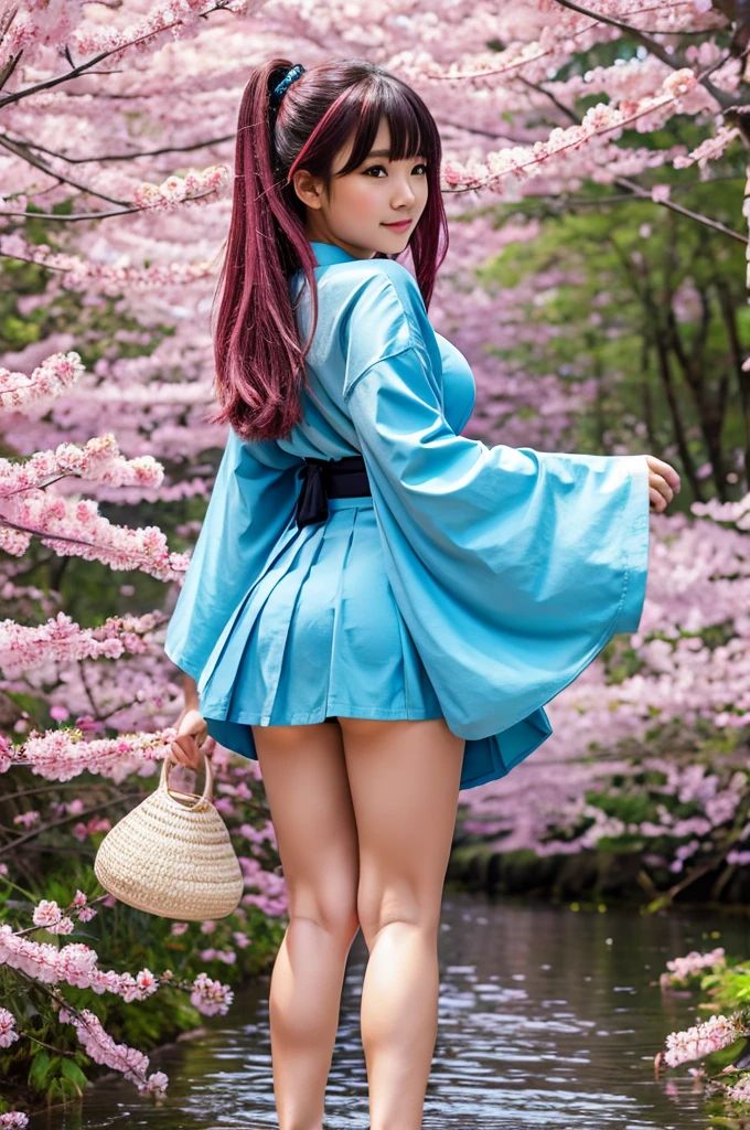 1girl, solo, long hair, breasts, looking at viewer, blush, bangs, skirt, bare shoulders, medium breasts, closed mouth, underwear, green eyes, standing, tail, full body, pink hair, ahoge, outdoors, detached sleeves, japanese clothes, looking back, wide sleeves, kimono, water, from behind, black footwear, bra, blue skirt, sash, obi, cherry blossoms, black bra, hakama, demon tail, hakama skirt, wading, long skirt, white kimono, hip vent, blue hakama