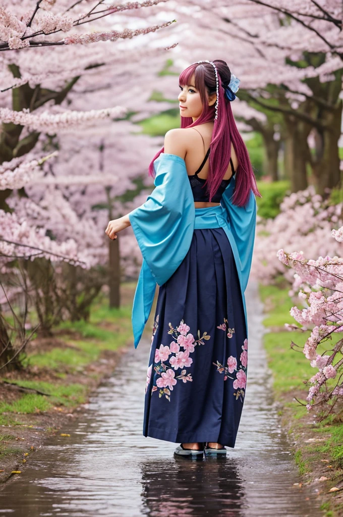 1girl, solo, long hair, breasts, looking at viewer, blush, bangs, skirt, bare shoulders, medium breasts, closed mouth, underwear, green eyes, standing, tail, full body, pink hair, ahoge, outdoors, detached sleeves, japanese clothes, looking back, wide sleeves, kimono, water, from behind, black footwear, bra, blue skirt, sash, obi, cherry blossoms, black bra, hakama, demon tail, hakama skirt, wading, long skirt, white kimono, hip vent, blue hakama