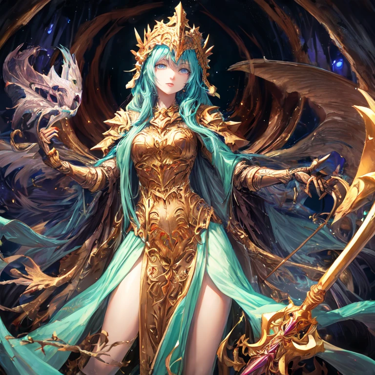 Floating beautiful undead lich girl with staff and armor in dungeon