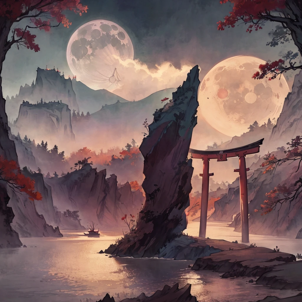 japanese torii gate, surreal, fantasy world, universe, moon, lake, dark night , clouds, dreamy, mysterious, ultra HD, high quality, 32k, simple plain background, 8k, hd, unreal engine, dreamy, romantic, mysterious, , red and black tone,