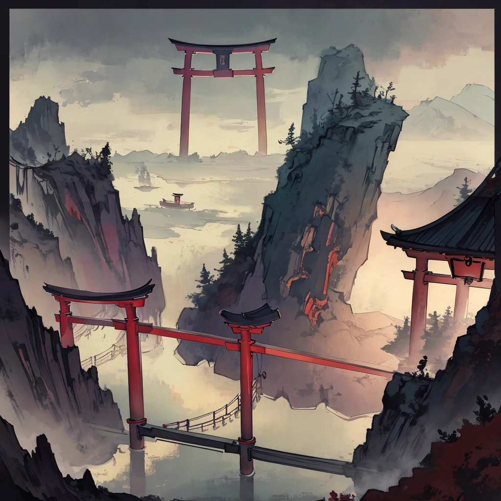 japanese torii gate, surreal, fantasy world, universe, moon, lake, dark night , clouds, dreamy, mysterious, ultra HD, high quality, 32k, simple plain background, 8k, hd, unreal engine, dreamy, romantic, mysterious, , red and black tone,
