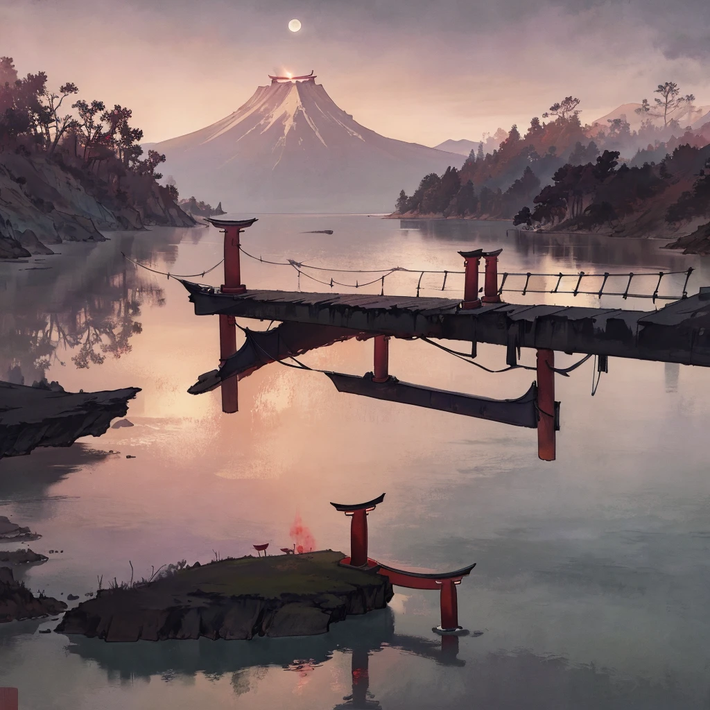 japanese torii gate, surreal, fantasy world, universe, moon, lake, dark night , clouds, dreamy, mysterious, ultra HD, high quality, 32k, simple plain background, 8k, hd, unreal engine, dreamy, romantic, mysterious, , red and black tone,