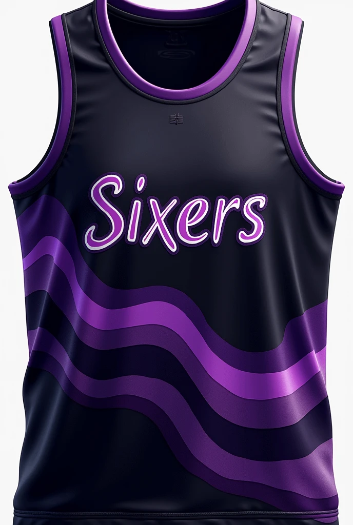 create a basketball jersey design for men with these details please:

team name: sixers
colors: black and purple
looks: waves design but make it aesthetically pleasing 
font style: modern text
logos: no logo is fine
front part of the jersey only 