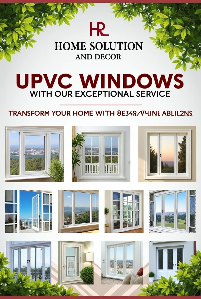 Generate a Poster For Upvc Windows And Our Firm Name is HOME SOLUTION AND DECOR so mention it there and write a Short line about our great service and include some attractive Windows images tooo