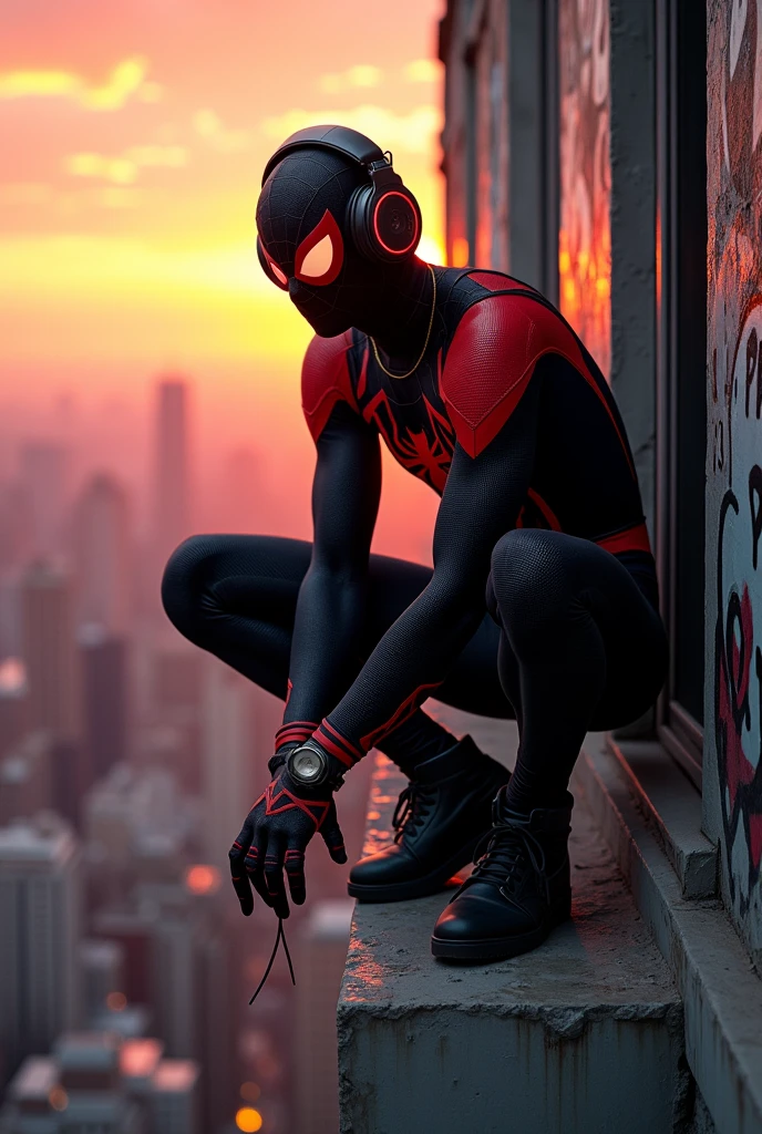 spider man, black, listens to music with headphones 