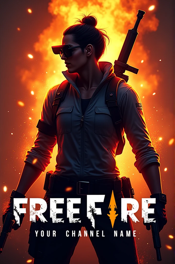  "Design a dynamic logo featuring a sleek, stylized silhouette of a Free Fire character, holding a weapon, with an intense expression. The background should be a blend of fiery colors like orange and red, with sparks flying, creating an action-packed atmosphere. The text 'Your Channel Name' should be integrated at the bottom in bold, futuristic font."