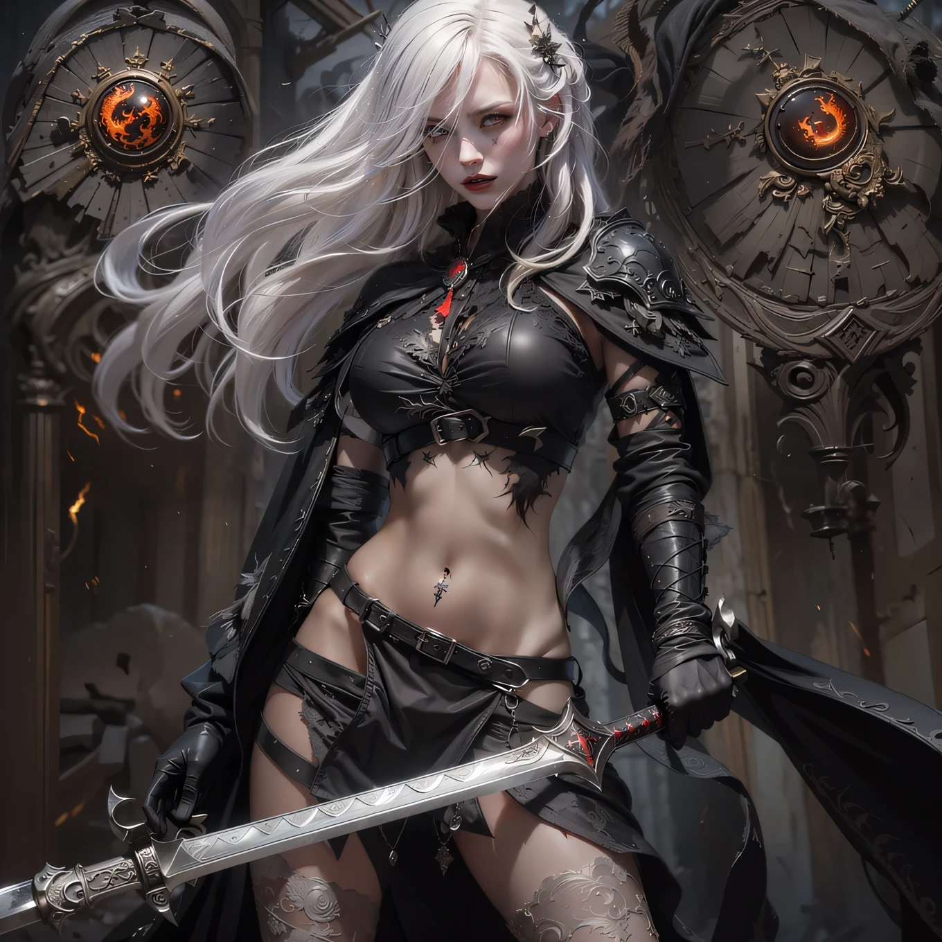 Sword, nude, blood splattered, evil menacing yet beautiful face, perfect thick wet body,