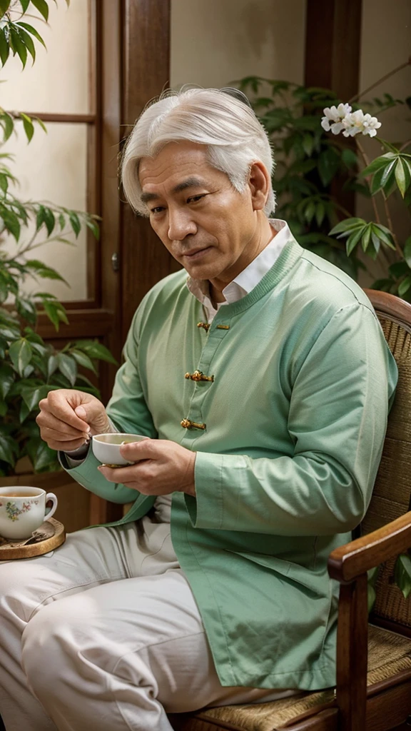 Chinese feng shui master, kind face, slightly white hair, cheerful, drinking tea, He sits looking straight ahead, behind is a cozy scene of green trees