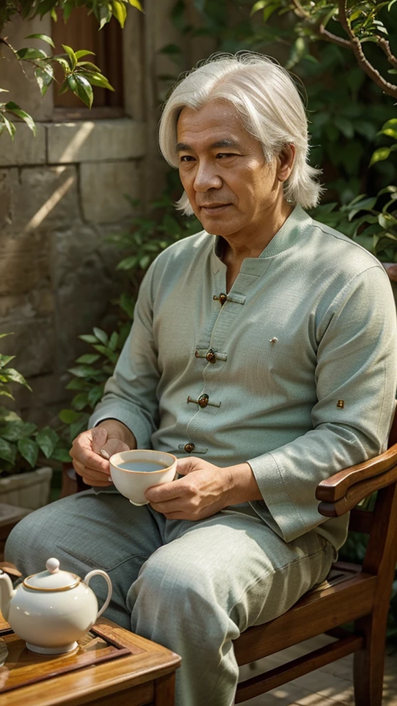 Chinese feng shui master, kind face, slightly white hair, cheerful, drinking tea, He sits looking straight ahead, behind is a cozy scene of green trees