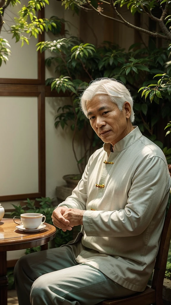 Chinese feng shui master, kind face, slightly white hair, cheerful, drinking tea, He sits looking straight ahead, behind is a cozy scene of green trees