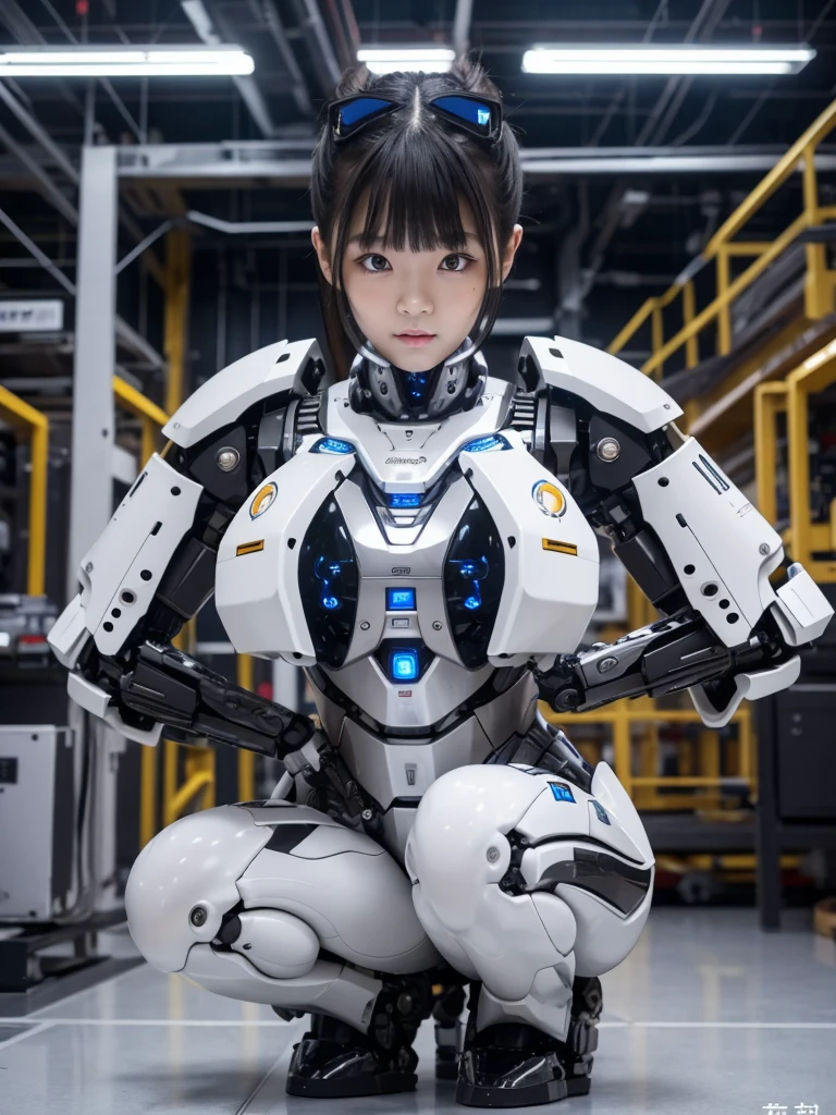 masterpiece, Highest quality, Very detailed, Japaese アンDroid girl,Portraiture,Plump,Thick,Control panel,アンDroid,Droid,Mechanical Hand, robotの腕と脚, Black Hair,Blunt bangs,perfect robot girl,Long tube,A thick cable was attached to her neck.,アンDroid,robot,humanoid,cyborg,japanese cyborg girl ,robot-assembly plant,She is now assembling,Assembly scene,Chubby,Squat