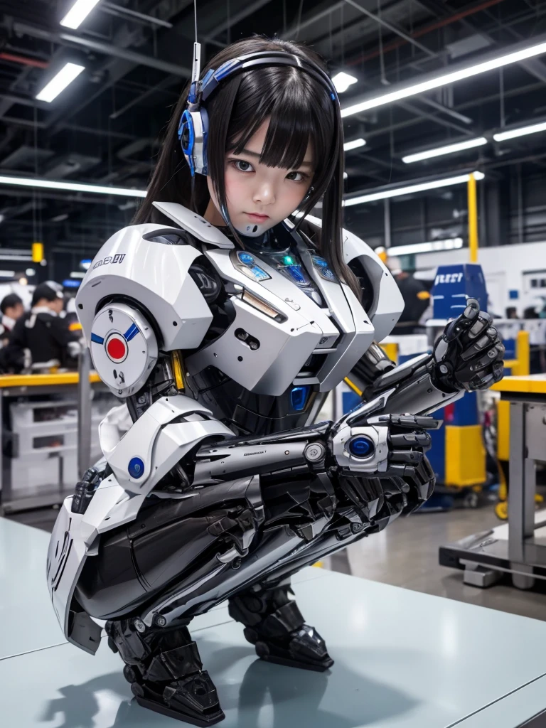 masterpiece, Highest quality, Very detailed, Japaese アンDroid girl,Portraiture,Plump,Thick,Control panel,アンDroid,Droid,Mechanical Hand, robotの腕と脚, Black Hair,Blunt bangs,perfect robot girl,Long tube,A thick cable was attached to her neck.,アンDroid,robot,humanoid,cyborg,japanese cyborg girl ,robot-assembly plant,She is now assembling,Assembly scene,Chubby,Squat