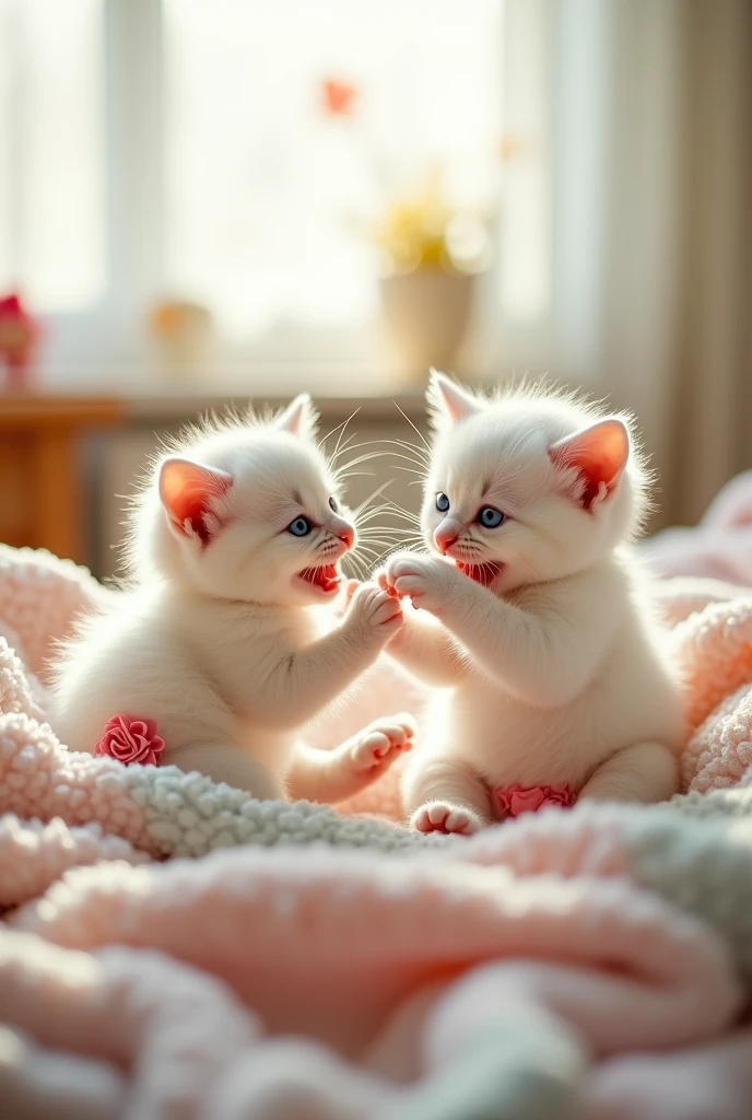 Two white kittens in diapers one male and one female in bed laughing