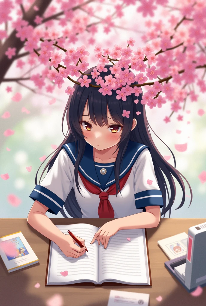 A large amount of cherry blossom petals come out of the head of a girl studying in a sailor uniform.、Scattered illustrations。Composition from above